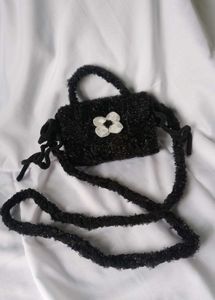 Black Fuzzy Mini Shoulder Bag with Flower 🖤🌸