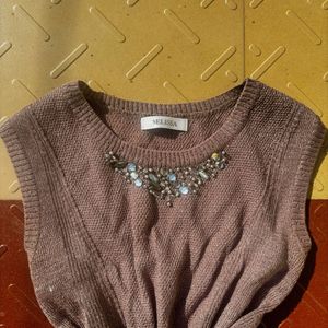 Brown Sleeveless Top with Beads Embellishments