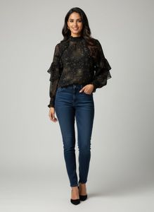 Elegant Black Star Print Ruffle Top