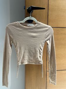 Mango Beige Ruched Long Sleeve Crop Top