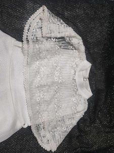 White party wear frock with net embroidered detail