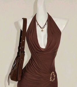 Brown Halter Neck Ruched Top