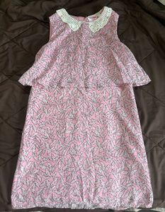 Pink Leaf Print Dress with Lace Collar