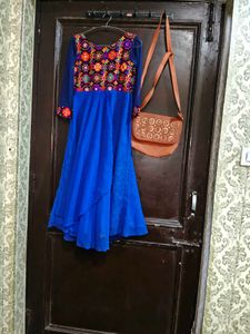 Elegant Embroidered Blue Ethnic Gown and bag free