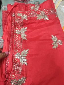 Red Silk Saree with Embellishments