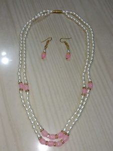 Elegant Pearl &amp; Pink Bead Necklace Set
