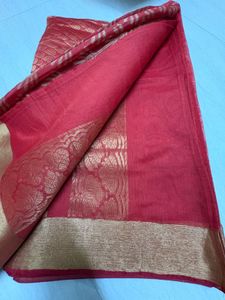 Vibrant Red Saree with Golden Border