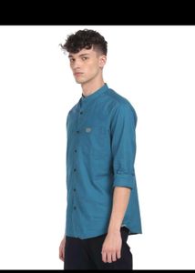Men's Teal Band Collar Shirt