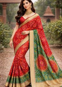 Stunning Red & Green Bandhani Saree  unstitche