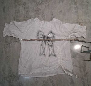 White Bow Print Top