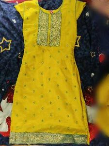 Yellow Kurta with Green Embroidery