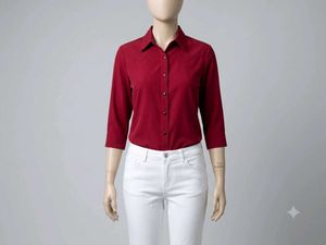 Chic Red 3/4 Sleeve Button-Up Shirt