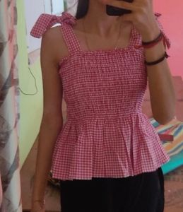 Pink Gingham Ruffle Top