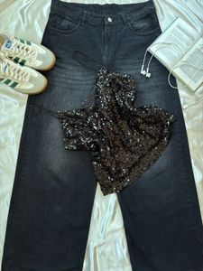 Sparkly Sequin Crop Top with Wide Leg Jeans