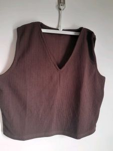 Brown Ribbed V-Neck Sleeveless Top