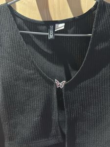 Black Cropped Ribbed Top with Butterfly Detail