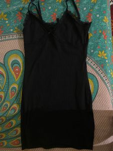 Black Lace Trim Ribbed Slip Dress