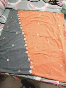 Orange and Grey Embroidered Saree