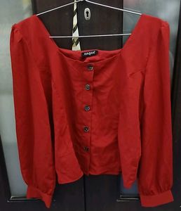 Red Square Neck Button-Up Top