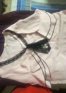 Pink Bell Sleeve Lace Trim Blouse