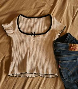 Ribbed Crop Top with Black Trim