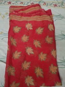 Vibrant Red Saree with Leaf Print