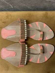 Embellished Coral &amp; Tan Flat Sandals