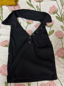 Black Ribbed Button-Up Top