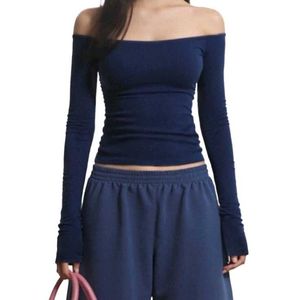 Navy Blue Off-Shoulder Long Sleeve Top