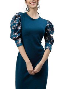 Teal Dress with Floral Puff Sleeves (small)