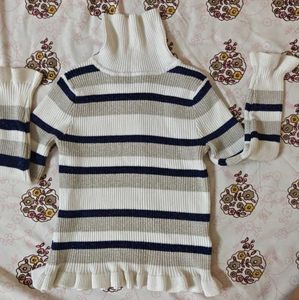 Striped Turtleneck Sweater with Ruffle Trim