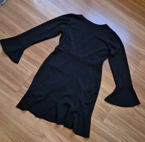 Athena chic Black Ruffle Dress with Bell Sleeves
