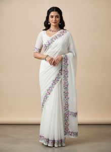 parsi hand Embroidered White saree