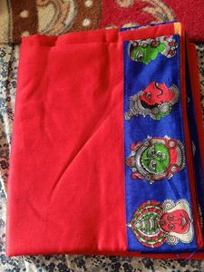 Red Color Cotton Saree With Blue Blouse