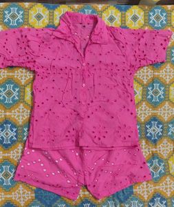 Pink Cotton Eyelet Shorts Set