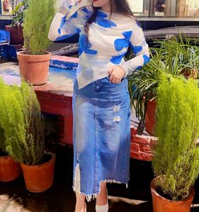Distressed Denim Midi Skirt and top