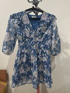 Blue Floral Sheer Overlay Dress