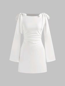 Boat Neckline Solid Ruched Bowknot Mini Dress