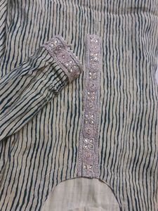 Striped Kurta with Embellished Neckline