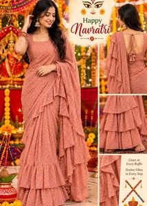Brown Ruffles Stitched Saree🆕✨ Branded ⚡