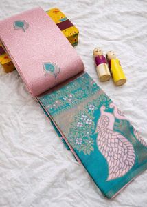 Elegant Pink &amp; Teal Peacock Saree