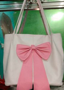 Cute White Tote Bag with Pink Bow
