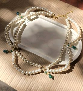 swirl Pearl Necklace with drop rama green beads