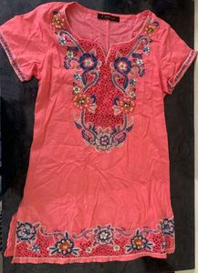 Embroidered Coral Kurta Top