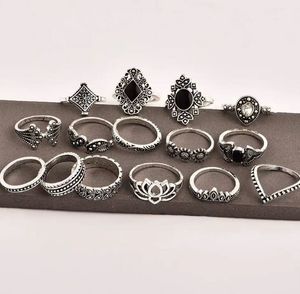 Boho Silver Tone Ring Set of 15