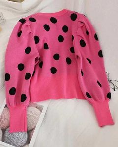 Woolen Pink Polka Dot Puff Sleeve Top