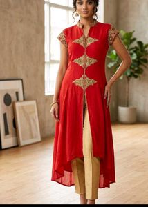 Red Kurta Set with Gold Pants