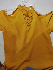 Mustard Yellow Lace-Up Cold Shoulder Top