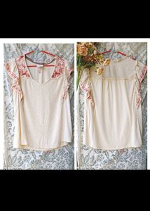 Embroidered V-Neck Flutter Sleeve Top