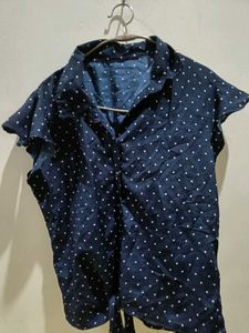 Navy Blue Polka Dot Flutter Sleeve Top